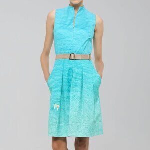 Akris Swimmer in Antigua Print Pleated Dress Cotton Ocean Water Aqua Blue 6